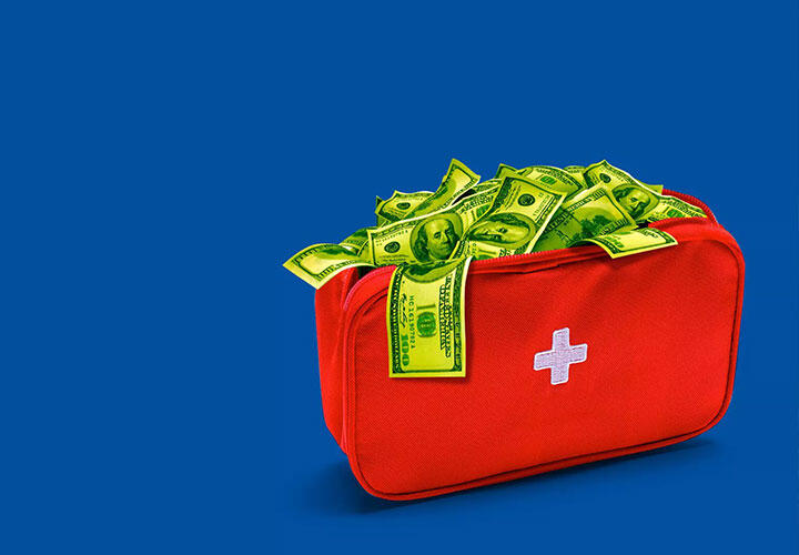 Illustration of a first aid bag filled with cash.
