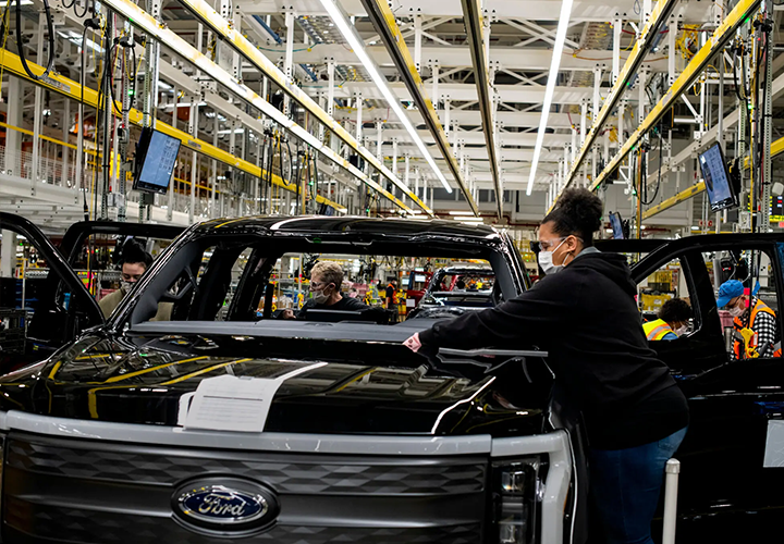 A Ford 2022 F-150 Lightning pickup truck, a battery-powered version of the popular F-150, in production at the company’s plant in Dearborn, Mich.