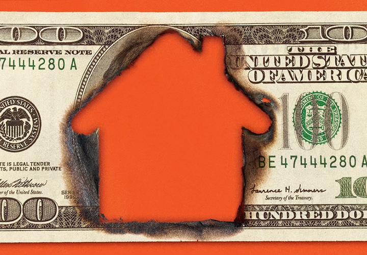 a graphic of a house burning a hold in a hundred dollar bill