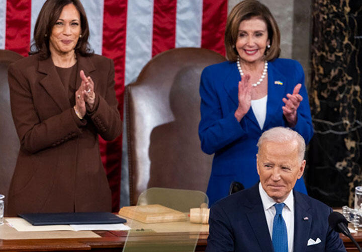 Kamala Harris and Nancy Pelosi behind Joe Biden at the State of the Union Address