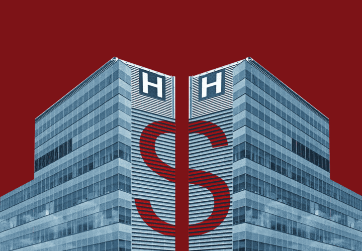 illustration of two hospitals with a dollar sign in the middle