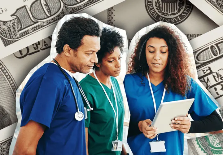 Doctors looking a notes with Money behind them as background